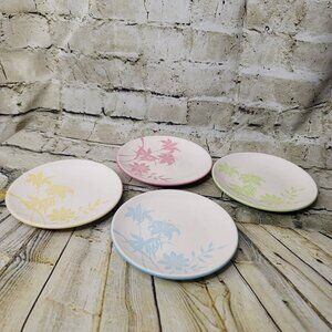 Set of Four Bread Appetizer Floral Plates by Emily Yellow Blue Green Pink Apx 6"